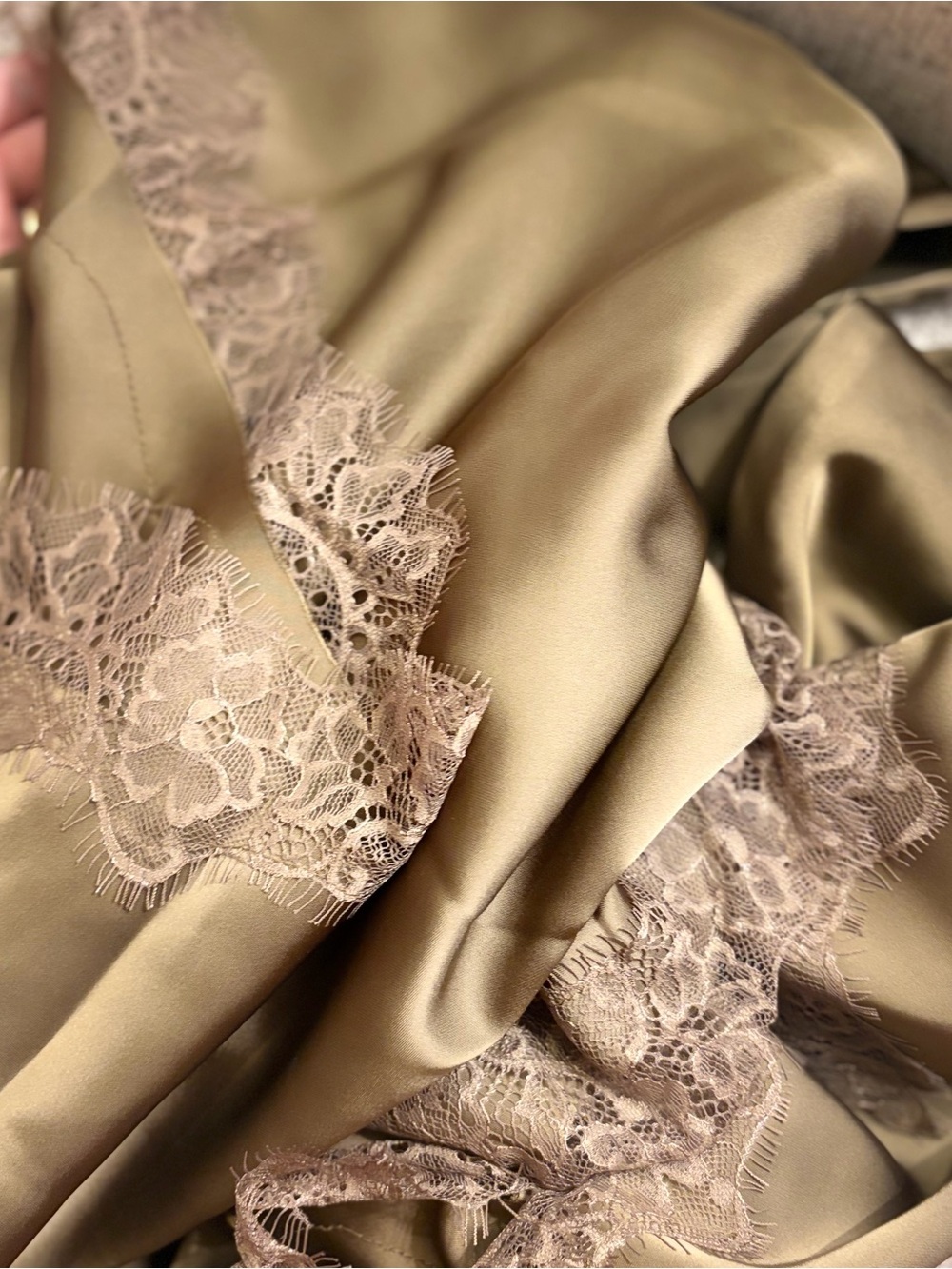 Olive Green Lace-Trim Satin Chemise Nightdress - Picture 3 of 7